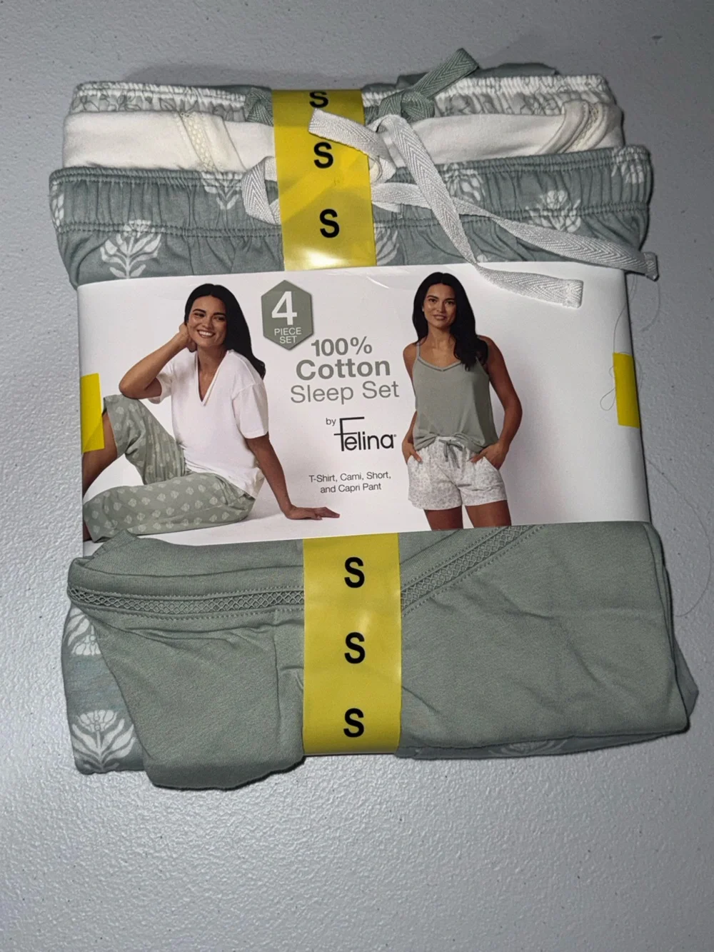 Felina 4 Piece Cotton Pajama Sleep Set Size Small Sage Green White NWT